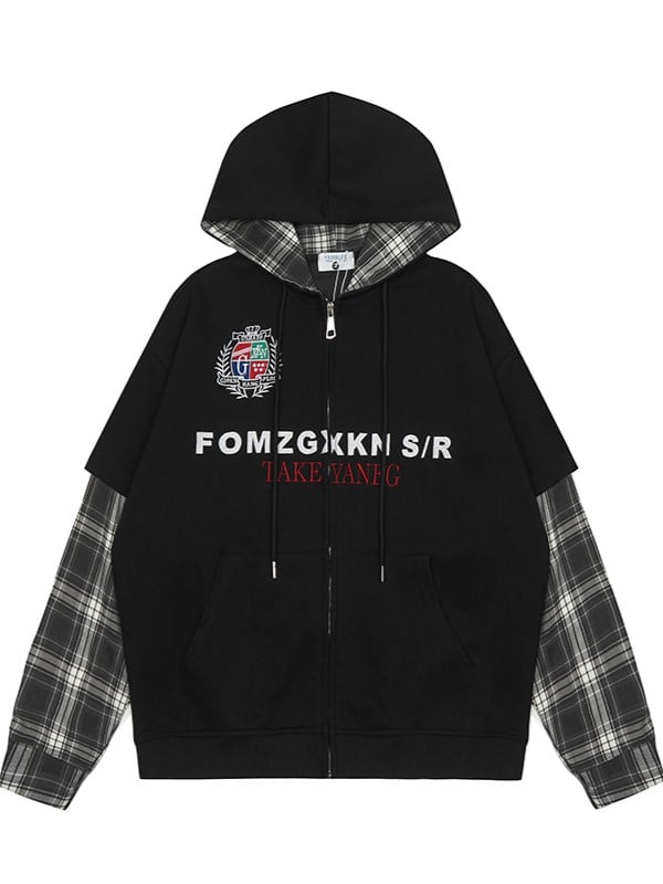 Plaid Patchwork Hoodie Schwarz Ärmel Weiß
