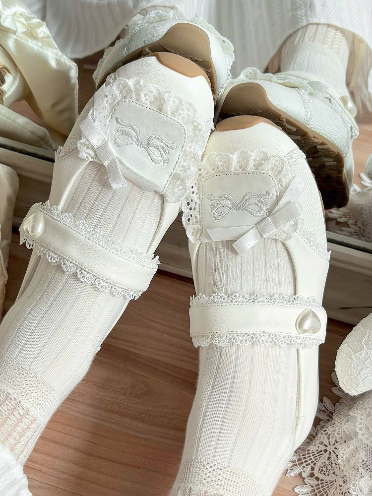 Heart-Adorned Bow Velcro Trim Sweet - Details Flat Lolita Lace Straps White Shoes