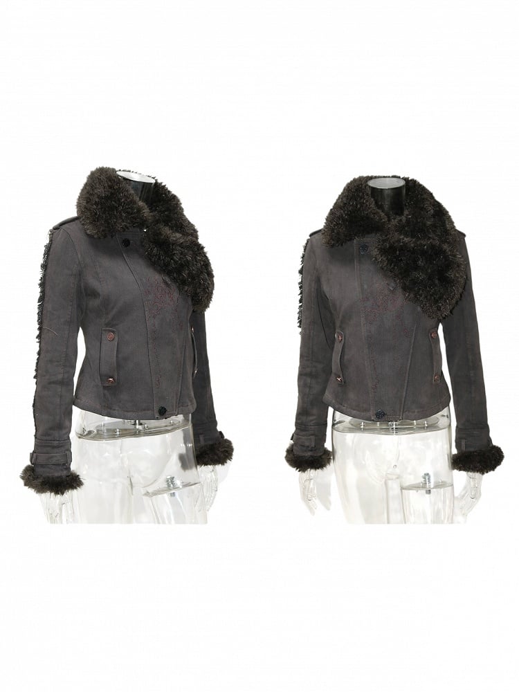 Jacket Details Collar Washed Fur Detachable Faux Black with Punk Embroidered