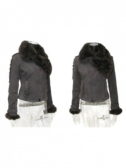 Jacket Details Collar Washed Fur Detachable Faux Black with Punk Embroidered