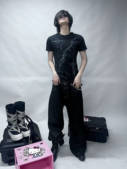 Edgy Genderless Black Double Collar Tee with Cross Graphic - DETW OnLine