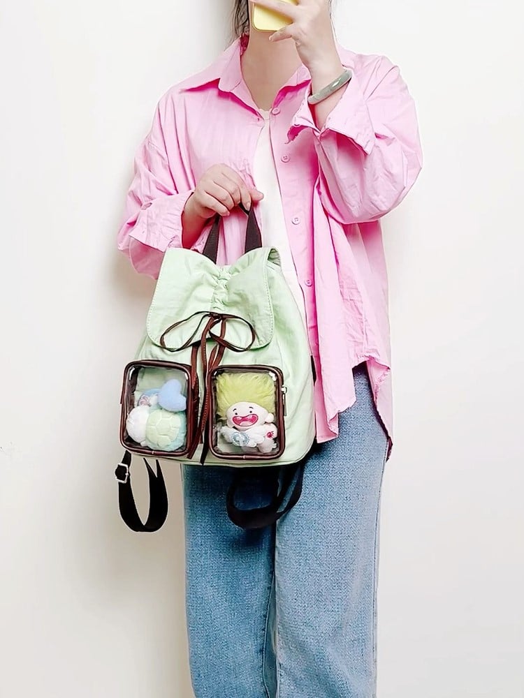 Bow Drawstring Charming Backpack With Kawaii Green Mini Ita