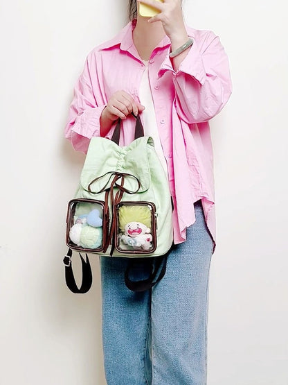 Bow Drawstring Charming Backpack With Kawaii Green Mini Ita