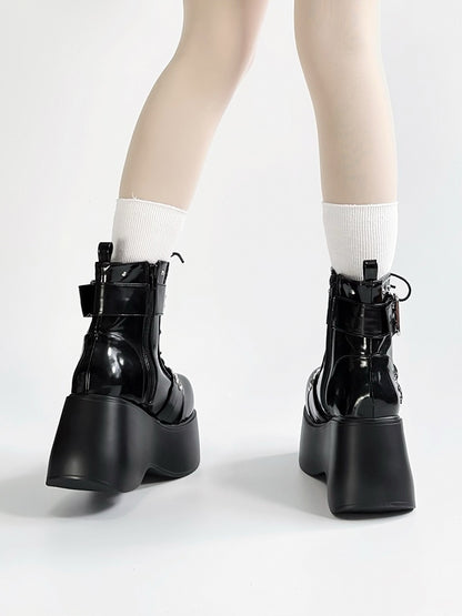 Bone with Design And Punk Studded Platform Black Lace-Up Polished Accents Details Boots PU Buckle -