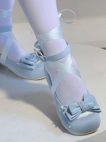 Round Shoes Blue Fastener Low-heel Details with Toe Bow Sweet Heart