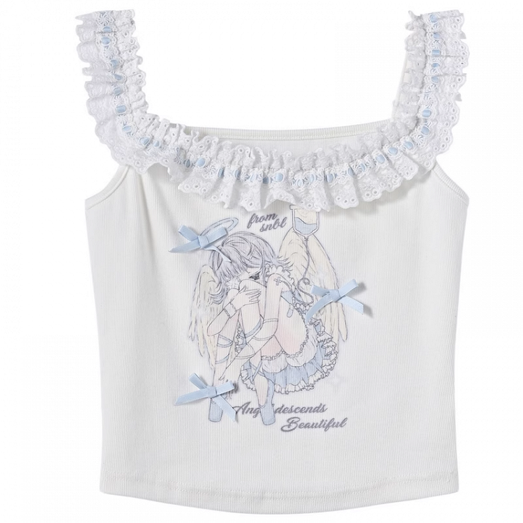 White Ruffled Square Neckline Anime Girl Print Sleeveless Top