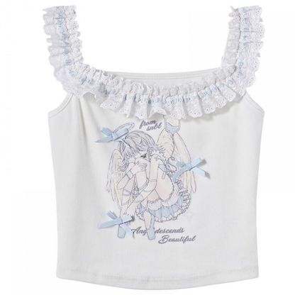 White Ruffled Square Neckline Anime Girl Print Sleeveless Top