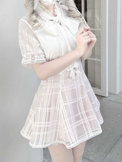 Plaid Organza Skirt with Lace-up Back Jirai Kei Pink