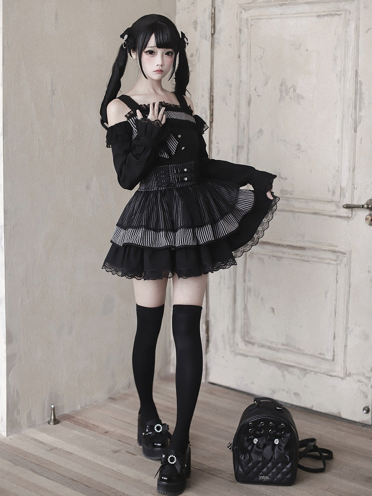 High-Waist / Kei Black Skirt Sweet Jirai Dark Striped Tiered Top Off-Shoulder