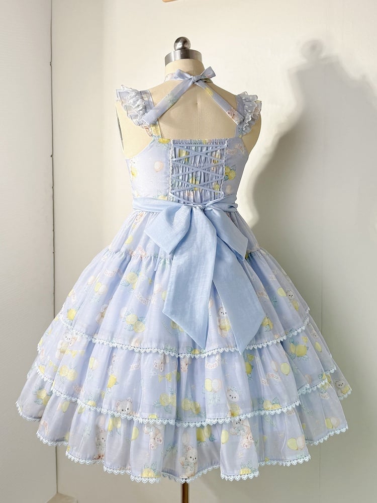 Skirt Bear High Print Blue Tiered Lolita Lemon Waist and Dress