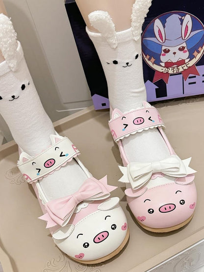 Detachable PU White Bow Flats Piggy with Cute Pink Themed