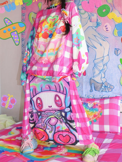 Kariertes Cartoon-Rock-Druckmuster Y2K Rote Rose