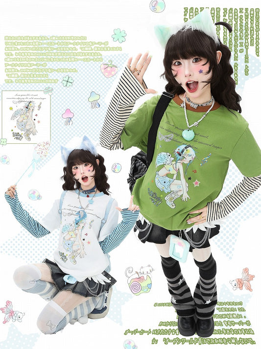 Green/White Sleeve Long Faux Two-Piece Top Y2K Cartoon Striped Print