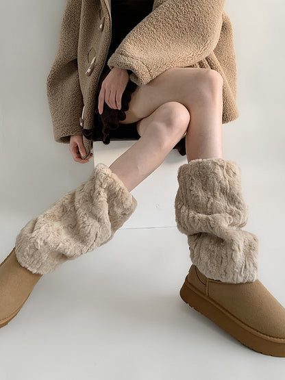 Khaki Faux Warmers Slouchy Fluffy Fur Leg