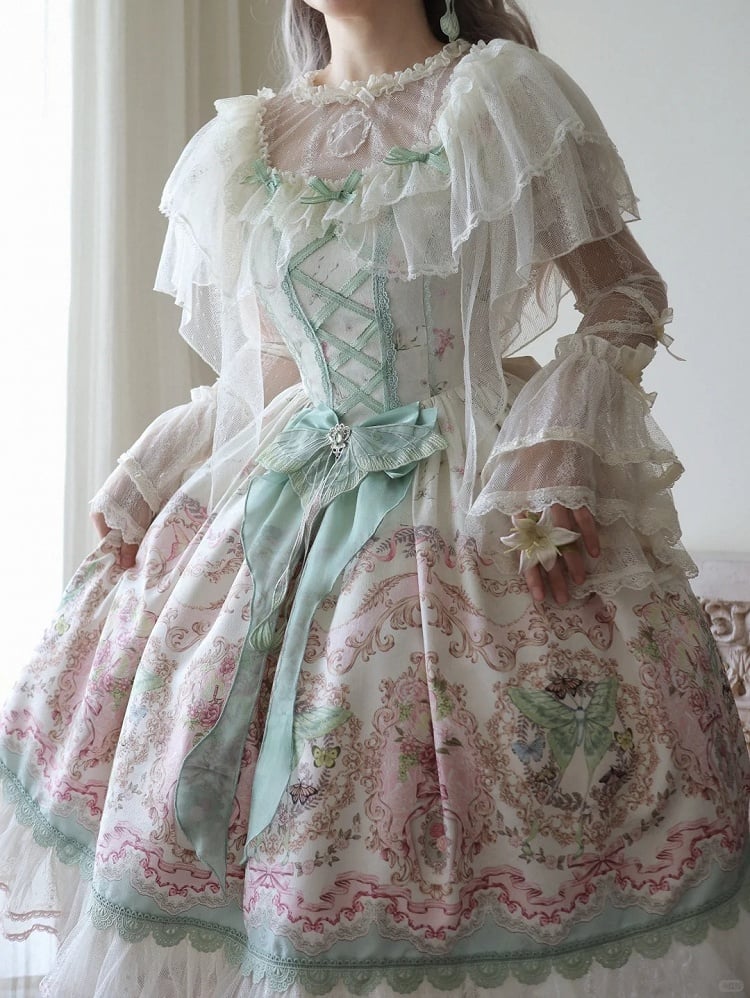 Floral Square Dress Lolita Elegant Moth Green and with Details Neckline Lace Pink Print