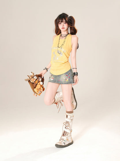 キティプリント ホルターネック タンクトップ イエロー/ホワイト
