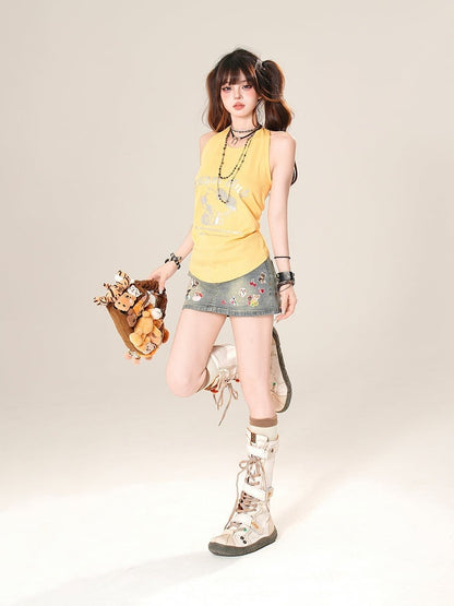 Jeansrock Bodycon Mini Adorable Puppy Print Blau