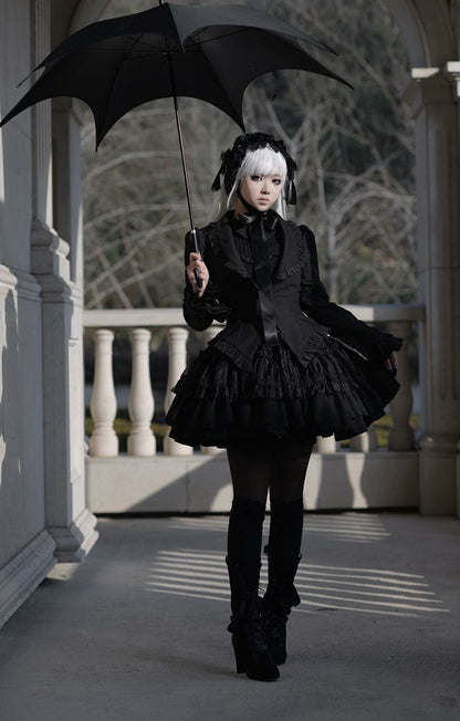 Black Gothic Lolita Tiered Ruffle Puffy Skirt