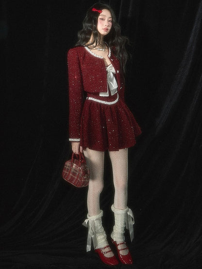 Weihnachtsrotes Tweed-Unterkleid mit Schleife und Perlendetails