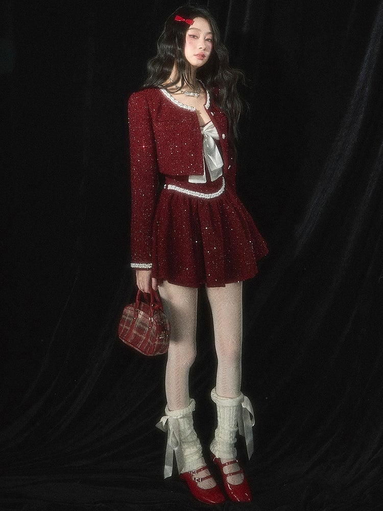 Christmas Red Bead Details Tweed Cropped Jacket