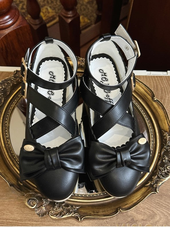 in Sole Lolita Bow Mary Design Crisscross with PU Grain Sweet - Black Wood Janes Accents