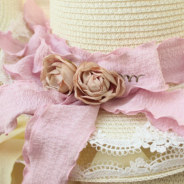 Lace Trim Floral Straw Hat