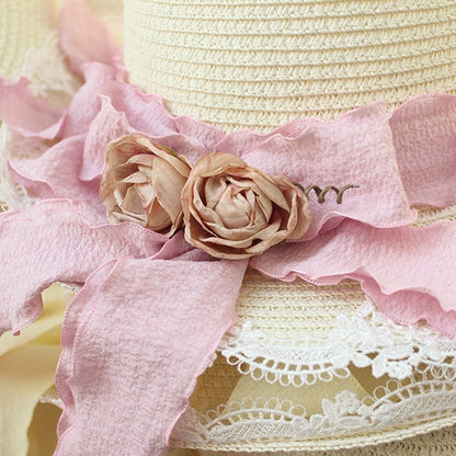 Lace Trim Floral Straw Hat