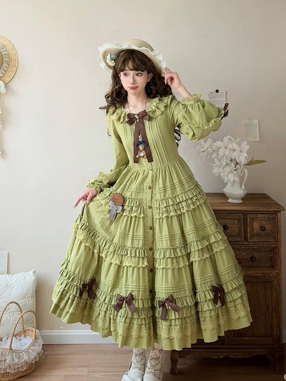 Sleeves Green Olive Design Long One Piece Ruffle Elegant