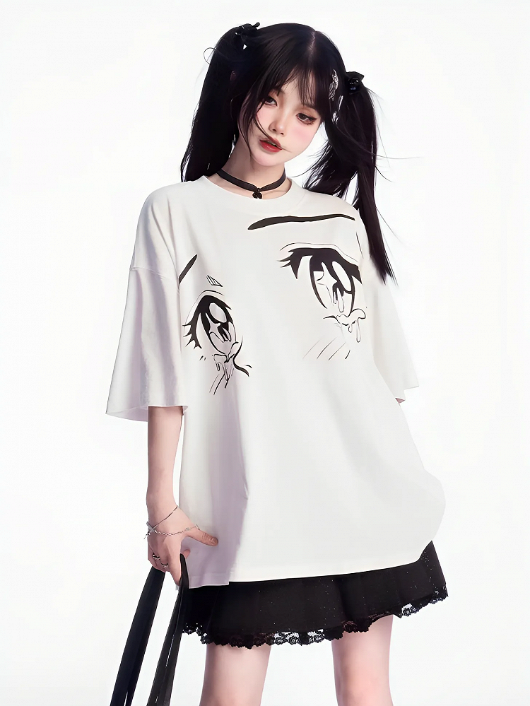 ホワイトラウンドネックアイプリントルーズTシャツ