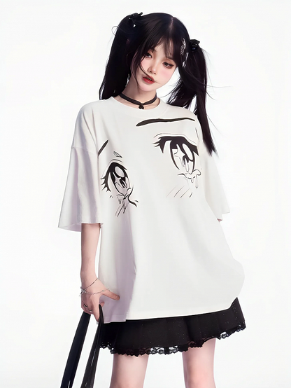 ホワイトラウンドネックアイプリントルーズTシャツ