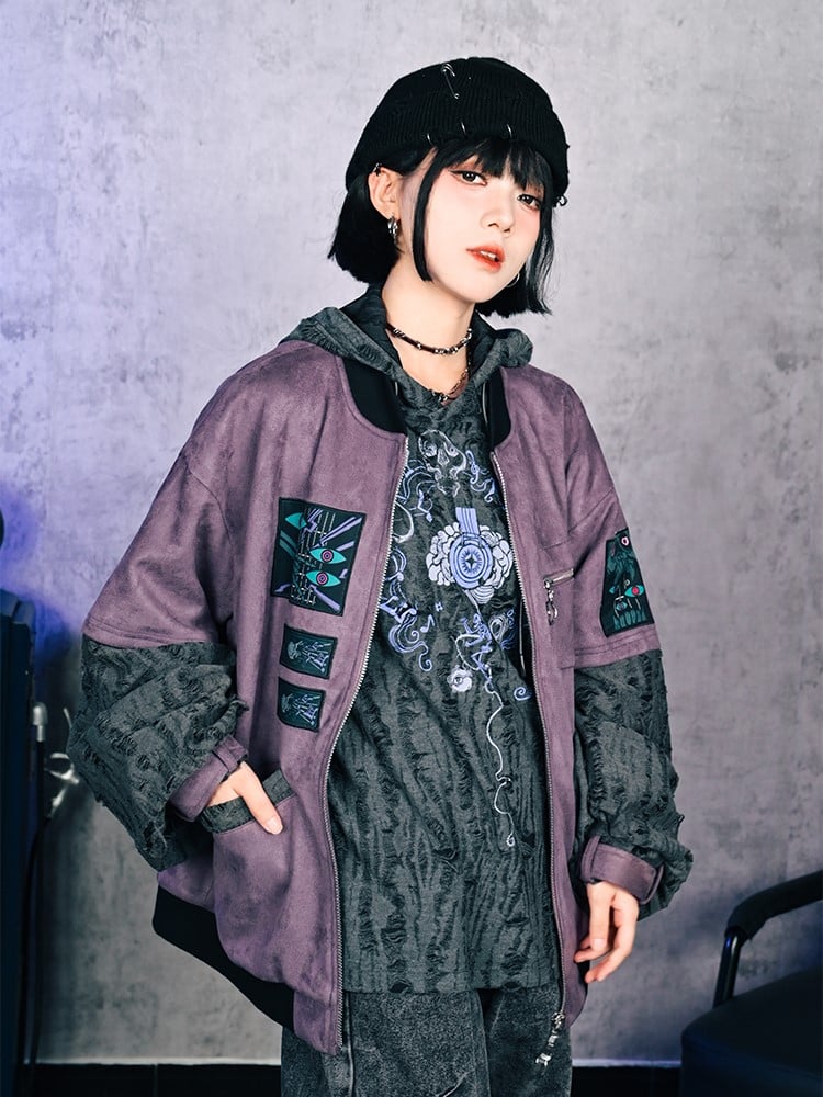 Print Distressed Gray Hoodie Gothic Brain Hole with Music Double-Layer