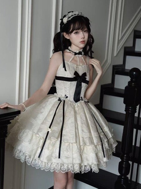 Apricot Lace-Trim JSK Dress with Black Bows - Die Die Zi