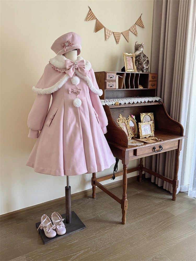Elegant Cape and Collar Coat Peter Detachable Kei Long Plush Pan Pink with Jirai