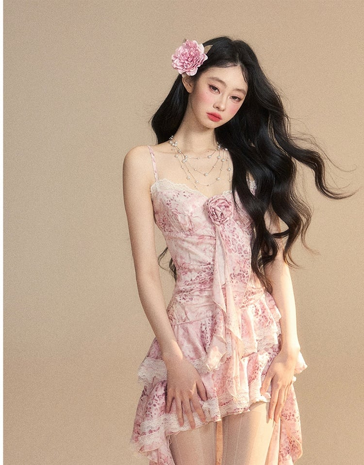 Ruffle Dress Slip Trim Cascading Gown Skirt Pink Tiered High-low