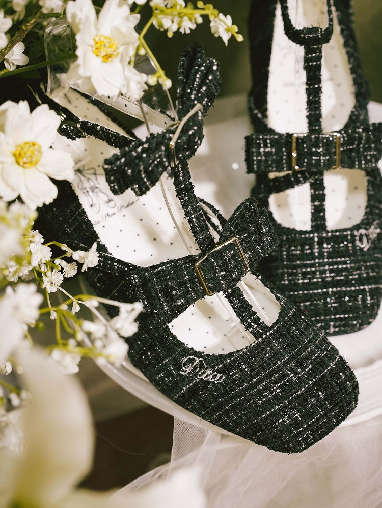 Design Lolita Black Accents Square with Bow Elegant Toe T-strap Shoes