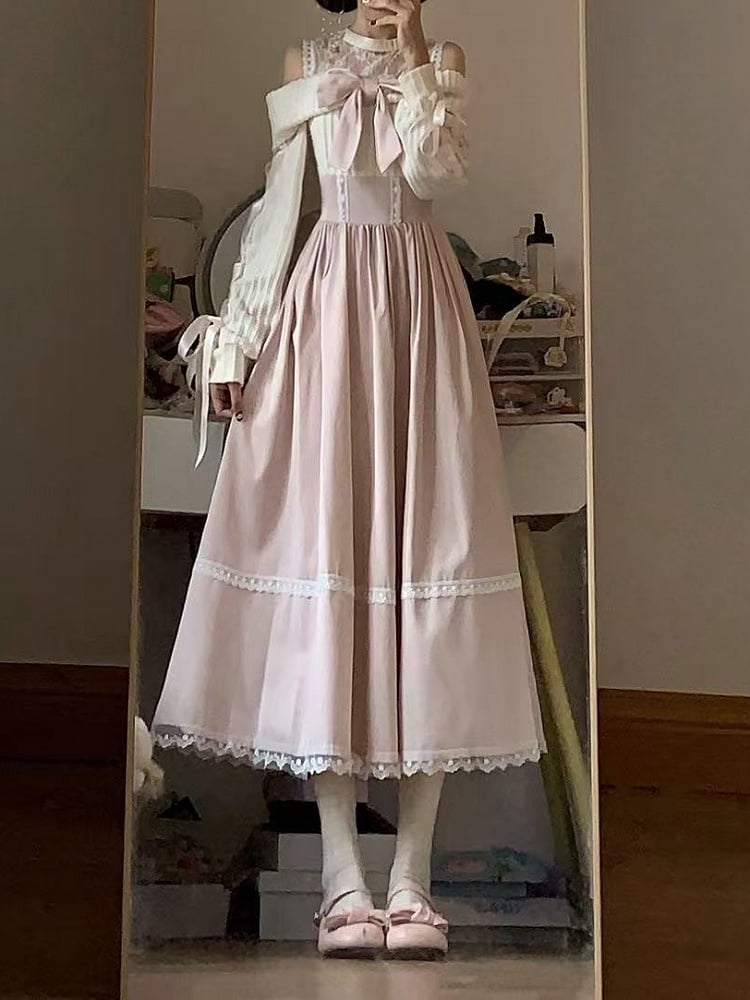 Maxi with Crossed Kei Illusion Sleeves Jirai Tie Pink Shoulder Dress Aesthetic Soft Light - Neck Open