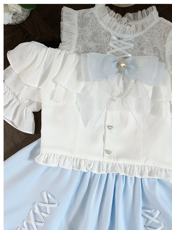 イリュージョンスカートショルダーブルークロスオープンホワイトデザイントップ+ネックラインケイセットジライ