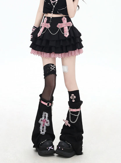 Pink/Red Plaid Cross Appliques Lace Trim Tiered Skirt Chains Decorated