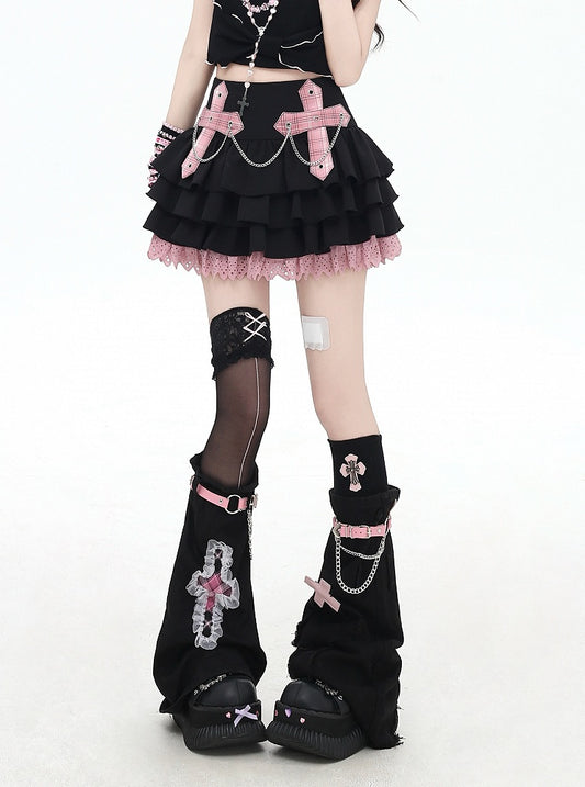 Pink/Red Plaid Cross Appliques Lace Trim Tiered Skirt Chains Decorated