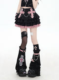 Trim Appliques Plaid Cross Lace Skirt Decorated Tiered Pink/Red Chains