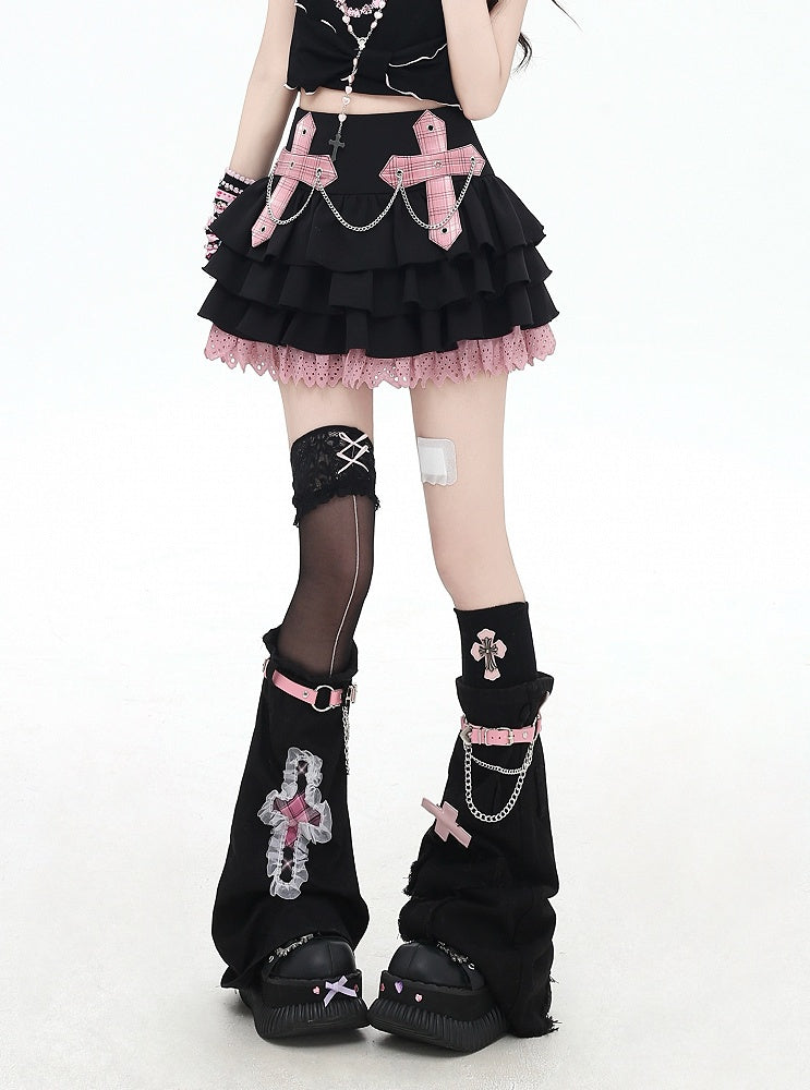 Trim Appliques Plaid Cross Lace Skirt Decorated Tiered Pink/Red Chains