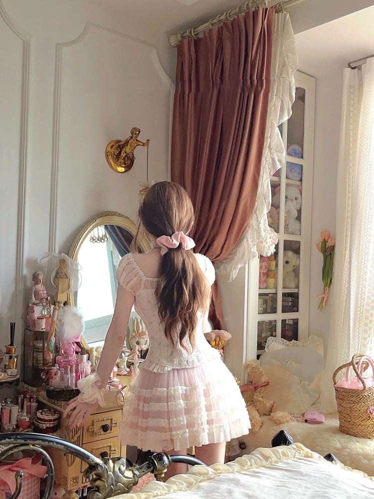 Pink Ruffled With Puff Floral Hem Top Two-Piece Corset Sleeves Faux Peplum