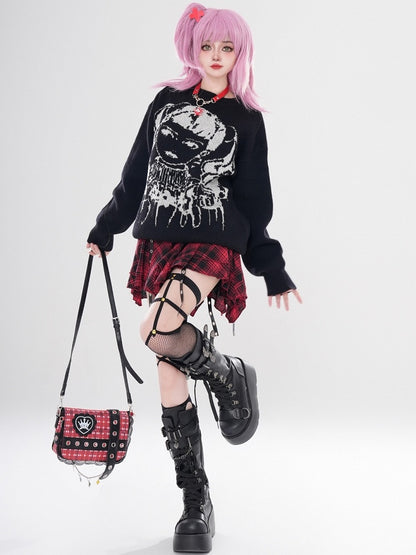 ワインレッド/ブラック Y2K ガール柄セーター（フリーチョーカー付き）
