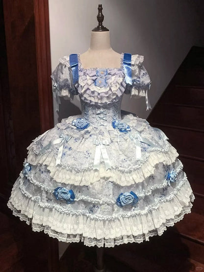 Hime Blue Lolita with Accents Puffy Dress Ruffle Multi-Layered Light Rose