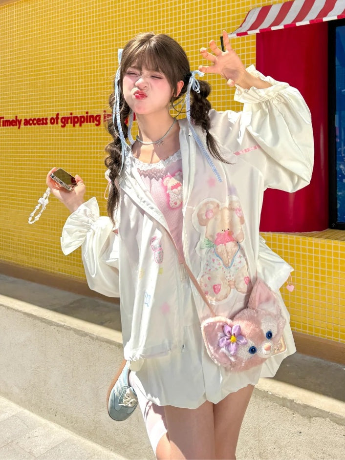 Sun Protection Hooded Adorable Bear Print Drawstring Hem White Jacket