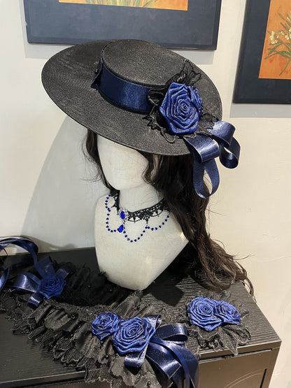 Rose Accessory Set: Hat, Hairband, Choker, Brooch, Multiple Colors - Sheer Ocean