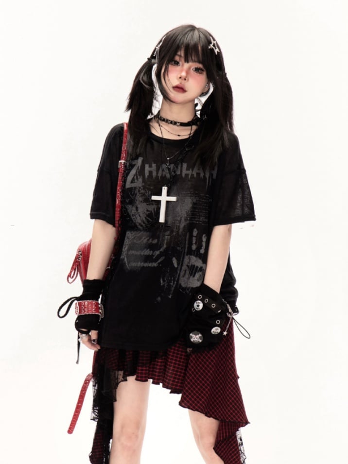 Coverup White/Black Round Neck Punk Print Semi-sheer