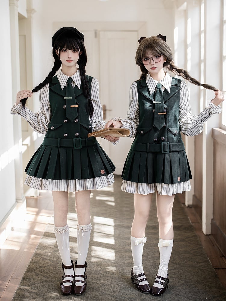 + Two-pieces Fake Box Tie Pleat Lolita Green Preppy Tonal Dress Short Style