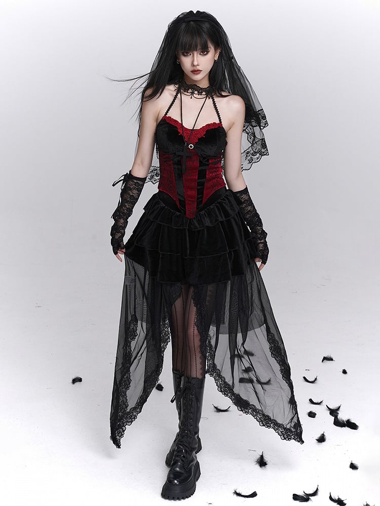 Neckholder-Bustier, Halloween-Gothic-Print, rot, mit schwarzem Top und Spinnennetz-Ausschnitt
