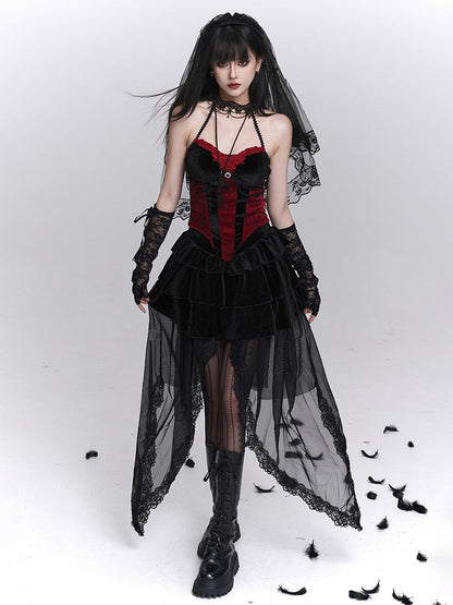 Halter Bustier Halloween Gothic Print Red with Top Black Spiderweb Neck